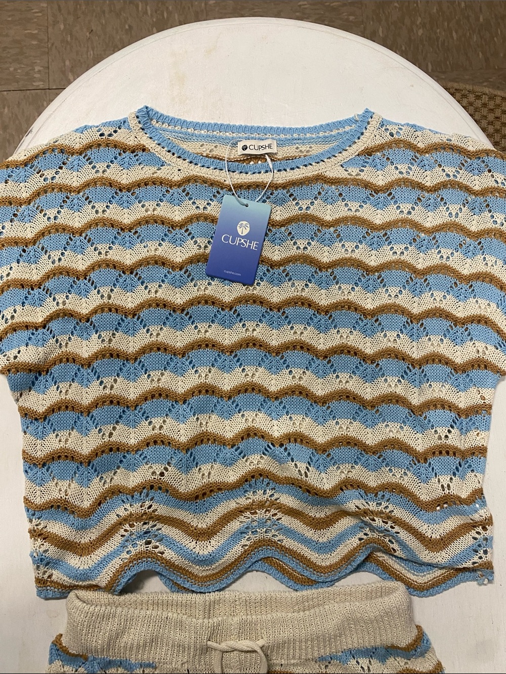 Cupshe Women’s Blue Tan & Cream Crochet Stripe Two-Piece Set - Picture 4 of 8